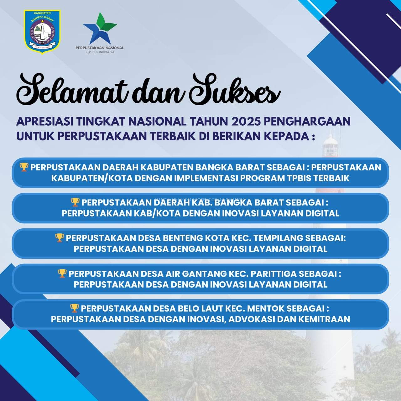 Bangka Barat Rebut Lima Penghargaan Tingkat Nasional 2025 dari Perpusnas RI